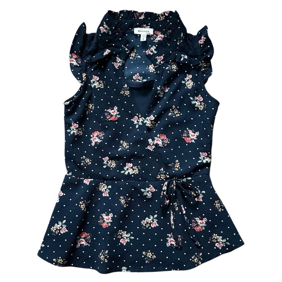 Monteau Navy & Pink Floral Ruffle Sleeve Elastic Waist Faux Wrap Girls Top Small - Picture 1 of 4